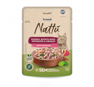 Ração Úmida Sachê Premier Nattu Frango, Batata Doce, Espinafre e Linhaça para Gatos Castrados - 70g