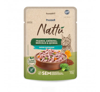 Ração Úmida Sachê Premier Nattu Frango, Abóbora, Brócolis e Quinoa para Gatos Castrados - 70g