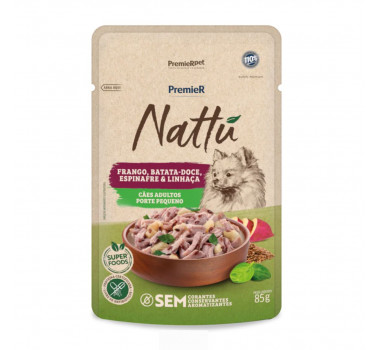 Ração Úmida Sachê Premier Nattu Frango, Batata-doce, Espinafre e Linhaça para Cães Adultos Porte Pequeno - 85g